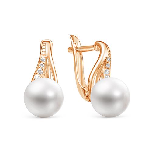 Серьги с английским замком Zlato, красное золото 585 проба, вставка фианит/жемчуг